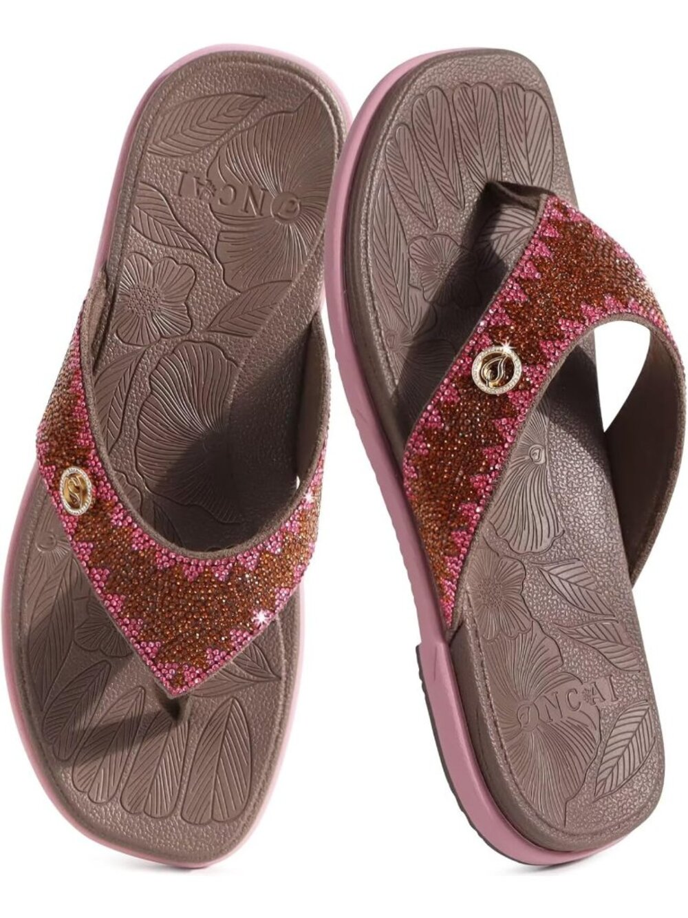 Women's Brown Flat Bedazzled with Sparkling Rhinestone Studded Sandals Casual